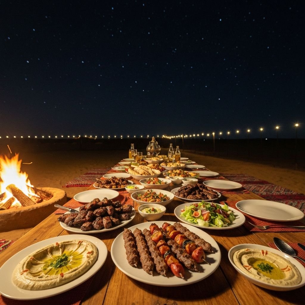 BBQ dinner spread at the Bedouin-style camp