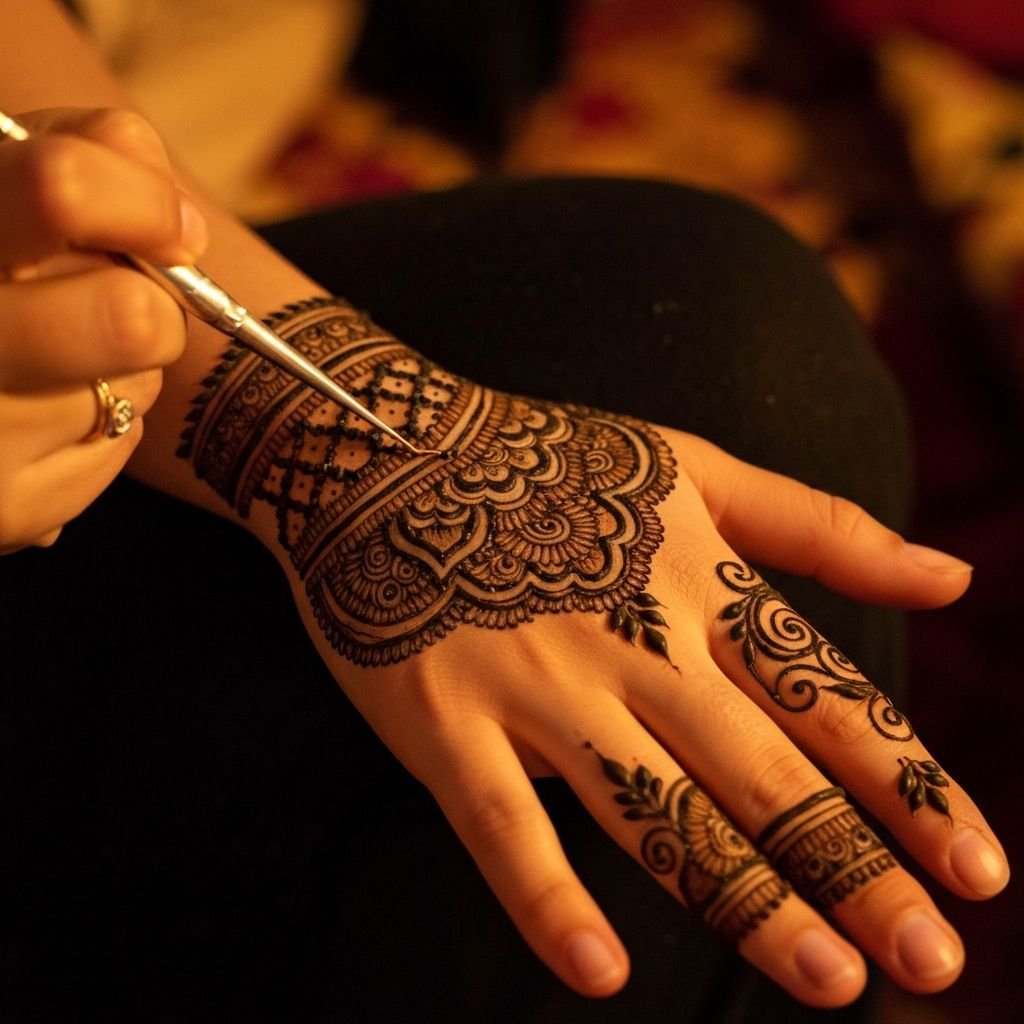 Traditional henna art at desert safari camp Dubai